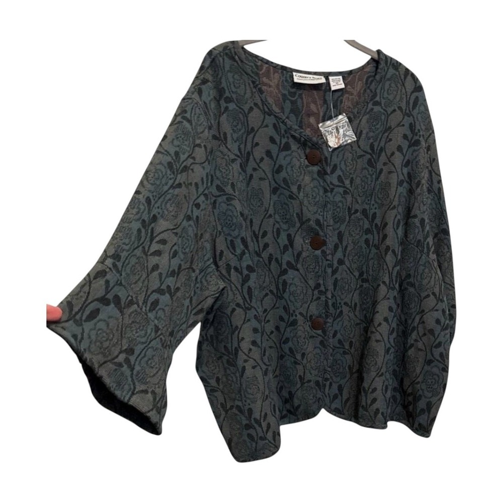 Country Store Button Top Women 3X Green Grey Jacquard Cottagecore Dark Academia